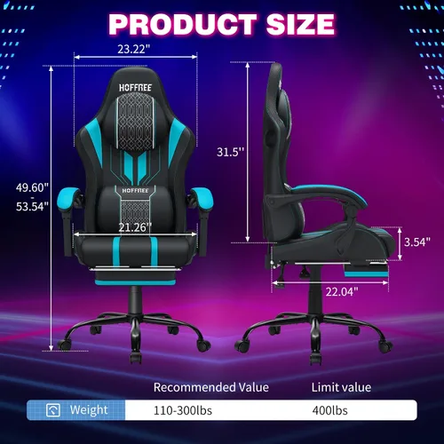 Miniatura 2 de HOFFREE Silla LED para juegos con altavoces, silla de computadora grande y alta con luces RGB, silla de juego Bluetooth con reposapiés, sillas