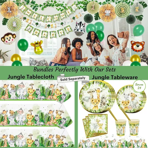 Miniatura 6 de 121 piezas de decoración temática de safari en la selva para baby shower, suministros de fiesta de cumpleaños para niños y niñas, mantel, platos