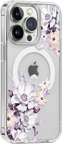 Miniatura 14 de Funda magnética transparente para iPhone 13 Mini [compatible con MagSafe Charger] patrón de estampado floral de flores, funda delgada antiarañazos