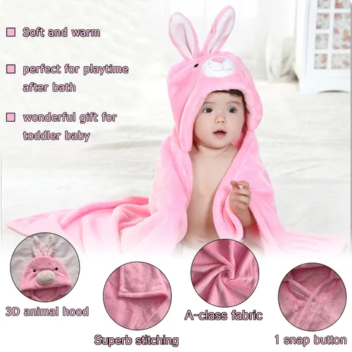 Miniatura 2 de TONWHAR Manta con capucha de cara de animal para bebés y niños de 0 a 4 años, manta de felpa para después del baño (conejo)