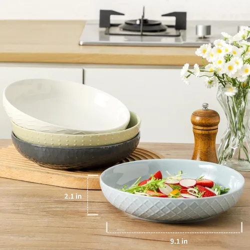 Miniatura 2 de HASENSE Tazones de cerámica para pasta, 42 onzas, juego de 4, cuencos grandes para servir, platos de cerámica en relieve anchos y poco profundos