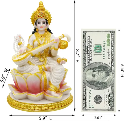 Miniatura 7 de alikiki Estatua de Saraswati de la diosa hindú grande, 8.7 pulgadas de alto, aspecto de mármol, ídolo indio Saraswati, escultura india Diwali Murti