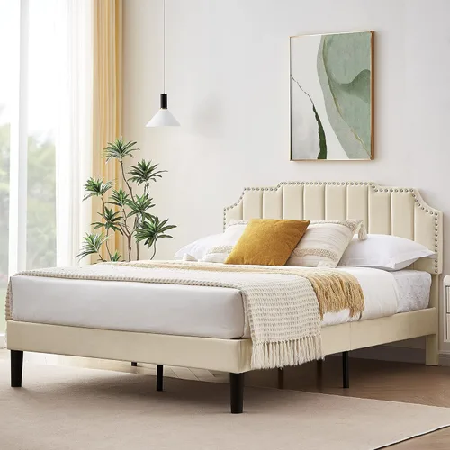 Miniatura 10 de VECELO Base de cama tapizada de terciopelo tamaño Queen con ribete de clavos, cabecera ajustable en altura copetuda, cama vintage con listones