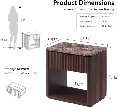 Miniatura 3 de Juego de 2 mesitas de noche acanaladas, mesita de noche con parte superior de mármol sintético, mesa auxiliar de madera de ingeniería con estante