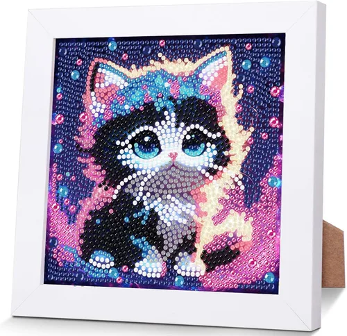 Miniatura 10 de xackcme Kits de pintura de diamantes de gato para niños con marco, arte de diamantes de animales para niños de 4 a 8 a 12 años, kit de pintura
