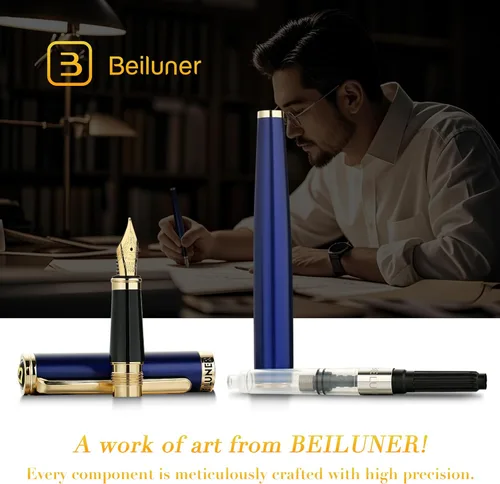 Miniatura 6 de BEILUNER Pluma estilográfica azul, impresionantes plumas de lujo con acabado de oro de 24 quilates, hermosa plumilla dorada de 24 quilates