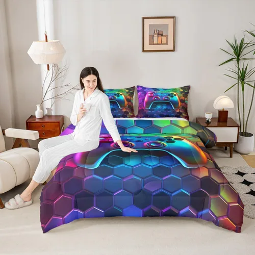 Miniatura 12 de Manfei Juego de edredón moderno de 2 piezas con estampado de consola de videojuegos de panal azul con 1 funda de almohada, juego de ropa de cama