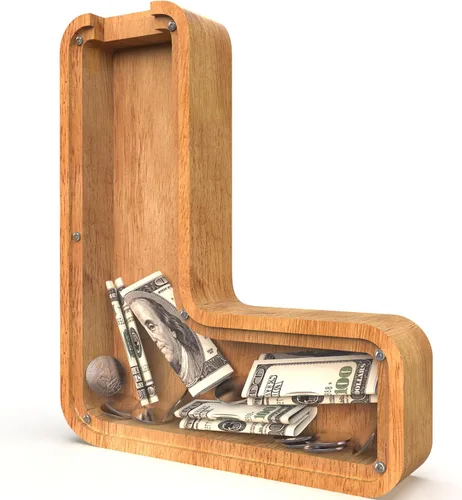 Miniatura 104 de Alcancía para niños y niñas, alcancía grande de madera personalizada con diseño recortado, bancos de monedas con letras del alfabeto, caja de ahorro