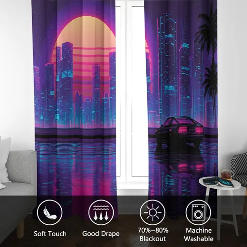 Miniatura 7 de Neon Palm Tree Curtains for Living Room, Synthwave Aesthetic Blackout Curtains for Bedroom, Grommet Drapes 39 Inch Length 2 Panels Set, Neon Palm