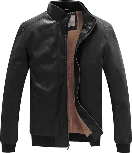 WenVen Chaqueta de piel sintética con cuello alto y forro polar para hombre