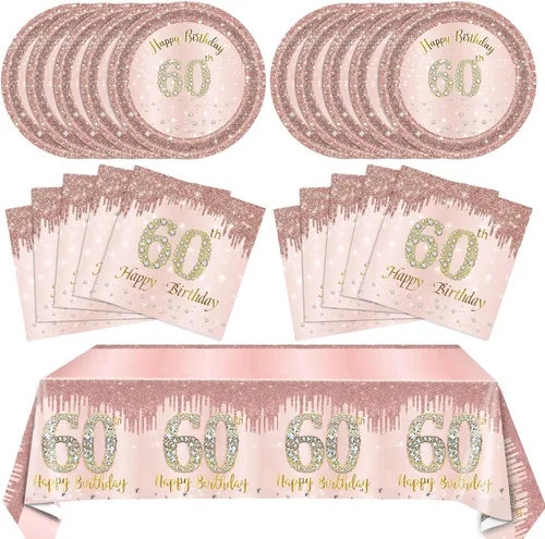 41 piezas de decoración de cumpleaños número 60 para mujeres, oro rosa, suministros de cumpleaños de sesenta años, platos, servilletas, mantel, 60