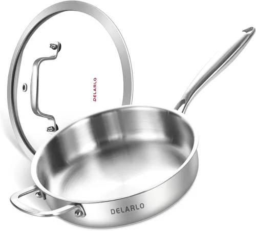 Miniatura 16 de DELARLO Sartén Salteadora Híbrida de Acero Inoxidable de Tres Capas de 10 Pulgadas, 3QT Sartén de Chef para Cocinar, Anti-Rayones, Compatible