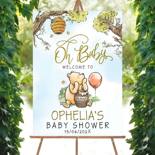 Miniatura 28 de Letrero personalizado para baby shower de oso Pooh, diseño clásico de vegetación personalizada, letrero de bienvenida para patio de baby shower