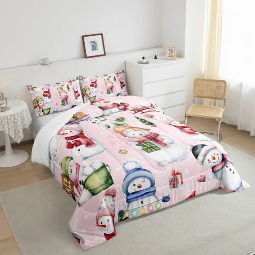 Miniatura 5 de Manfei Juego de edredón de Navidad, tamaño Queen, lindo muñeco de nieve, perros, copo de nieve, edredón con 2 fundas de almohada, juego de ropa