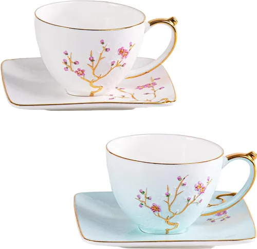 Miniatura 37 de KAMMAK Juego de 2 tazas de té y platillos, tazas de café de porcelana fina, tazas de café expreso apilables, demitasse de cerámica para café