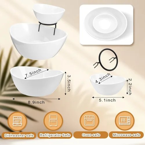 Miniatura 2 de Juego de 2 platos para servir chips y salsas de 2 niveles, plato de porcelana para aperitivos y platos con soporte para alimentos, tacos, bar, Negro