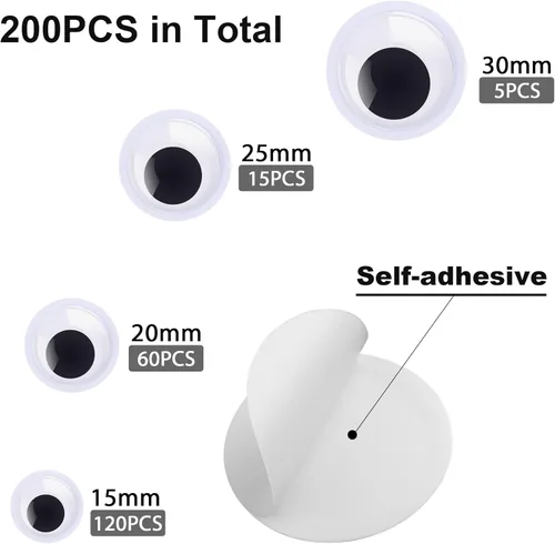 Miniatura 2 de 200 piezas de ojos ondulados, FEBSNOW ojos pegajosos autoadhesivos de plástico negro y blanco de tamaños variados adhesivos para manualidades