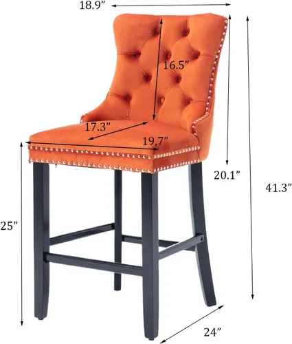 Miniatura 2 de SoarFlash Juego de 2 taburetes de bar tapizados de terciopelo moderno con patas de madera, botones acolchados, cabeza de clavo cromada, asiento