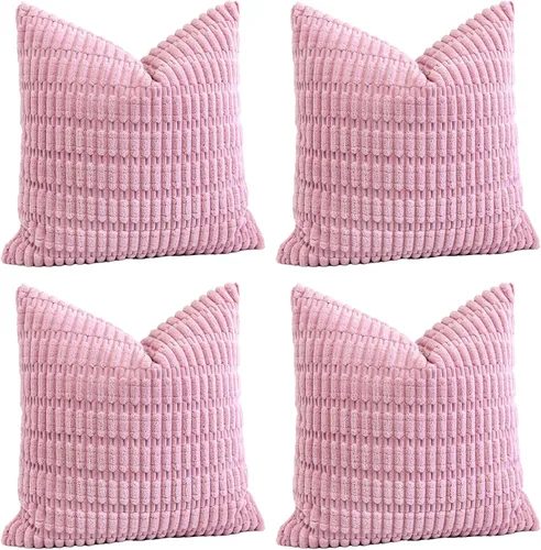 Miniatura 19 de OTOSTAR Juego de 4 fundas de almohada decorativas de pana suave de 16 x 16 pulgadas, fundas de almohada cuadradas a rayas bohemias para decoración