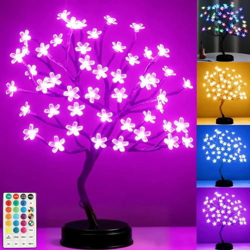 Pooqla Luz de Árbol de Flor de Cerezo de 18 Pulgadas con 48 LED RGB con Control Remoto, 16 Colores Cambiantes, LED Flor Artificial Árbol Bonsái