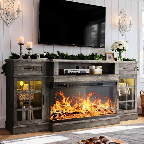 Miniatura 13 de MXV Soporte de TV con chimenea de 70 pulgadas, chimenea de vidrio de 3 lados y centro de entretenimiento moderno, consola multimedia de madera