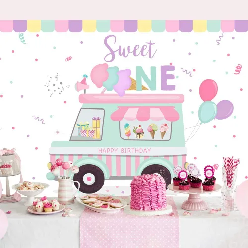 Miniatura 3 de Lofaris Telón de fondo para tienda de helados con texto en inglés «Happy Birthday» Sweet One Summer Baby Girls Party Photography Background 1st