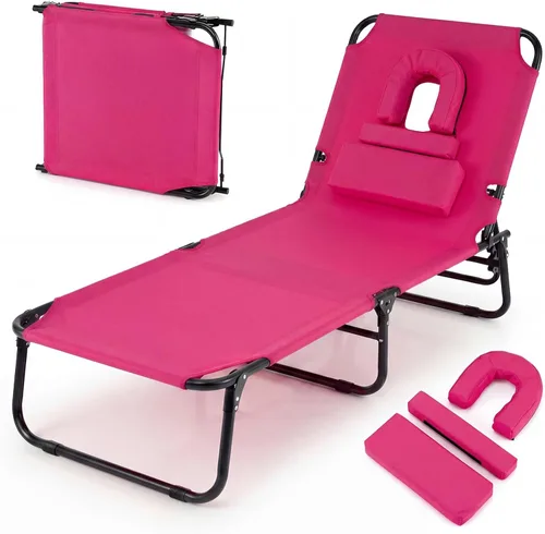 Miniatura 13 de Giantex Silla bronceadora, silla de patio ajustable con orificio para la cara, almohadas extraíbles, correa de transporte, silla de diseño, silla