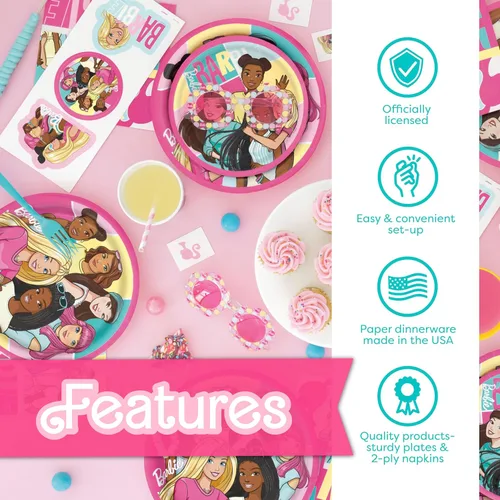 Miniatura 5 de Decoraciones de fiesta de cumpleaños de Barbie Decoraciones de fiesta de Barbie Sirve para 16 invitados Con licencia oficial Mantel, platos