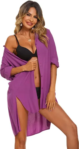 Miniatura 2 de AOLRO Camisas de playa para mujer, con botones, cuello en V, para cubrir el traje de baño