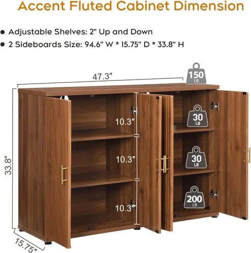 Miniatura 2 de Yechen Armario de buffet acanalado con acento de nogal con almacenamiento y 4 puertas, armario de almacenamiento Mordern Credenza con estantes