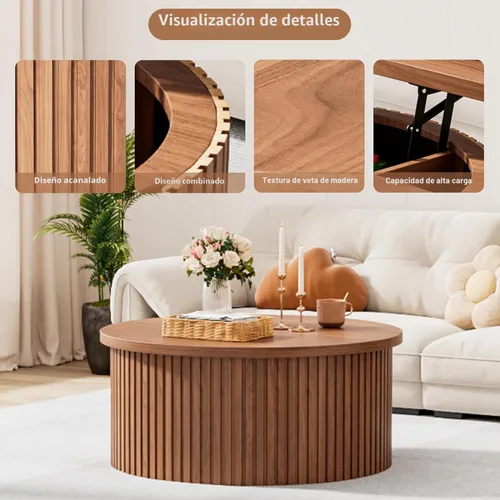 Miniatura 4 de Fsbecl Mesa de Centro de Tapa Elevable Acanalada con Almacenamiento Oculto, Mesa de Centro Redonda de 31.6 Pulgadas para Sala de Estar, Mesas Nogal