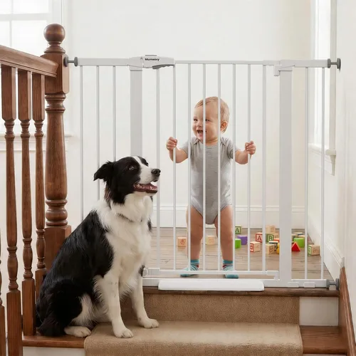 Miniatura 17 de Mumeasy Puerta de bebé de 29.7-46 pulgadas para escaleras, puerta de perro montada a presión para puertas, puerta de cierre automático a través