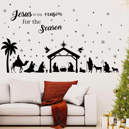 Miniatura 3 de Glenmal 6 calcomanías de pared de Pascua de 11.42 x 8.27 pulgadas, calcomanías de pared religiosas grandes de color negro, decoración de pared