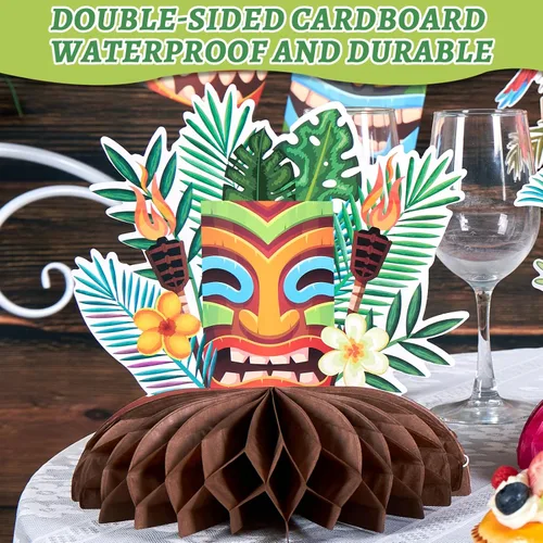Miniatura 4 de Paper Jazz Decoraciones de fiesta hawaiana para cumpleaños, decoración de fiesta tropical para Tiki Bar, pancarta de Aloha con centro de mesa Luau