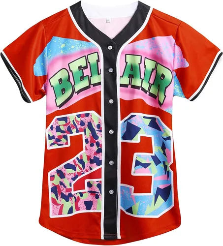 Miniatura 6 de Ropa de los años 90 para mujer, traje unisex de hip hop para fiesta, camiseta de béisbol Bel Air, camisa de manga corta con botones