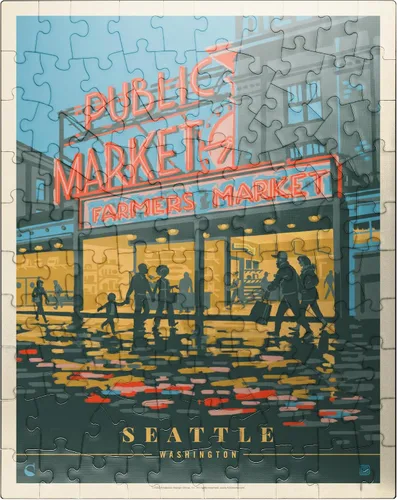MyPuzzle USA-Seattle, WA: Morning at The Market, póster vintage, rompecabezas de 100 piezas para adultos