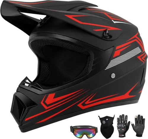 Miniatura 12 de Juego de 4 cascos de motocross para niños y jóvenes (guantes con gafas), casco de motocicleta de cara completa aprobado por DOT, ATV, BMX, bicicleta