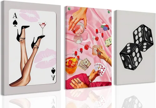 Juego de 3 arte de pared de dados de póker enmarcados en blanco y negro, impresiones en lienzo estéticas retro Y2K, fotos de póster rosa de moda,