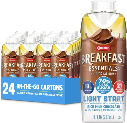 Miniatura 7 de Carnation Breakfast Essentials Polvo de bebida nutricional Light Start Sabor rico chocolate con leche, caja de 8 paquetes de 20 g (0,705 oz)