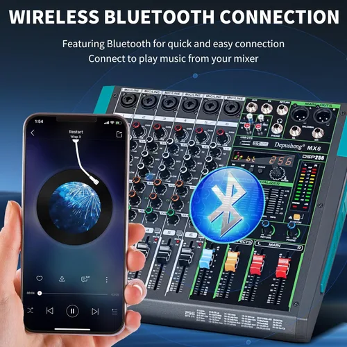 Miniatura 7 de Depusheng MX6 - Mezclador de sonido de 6 canales, consola de mezcla de audio 48V 256DSP profesional, USB, para PC, reproducción y grabación