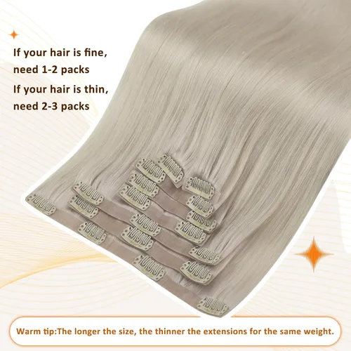 Miniatura 8 de Full Shine - Extensiones de cabello humano Remy real con clip para mujer, sin costuras, trama de poliuretano, cabello rubio blanco, lacio y sedoso