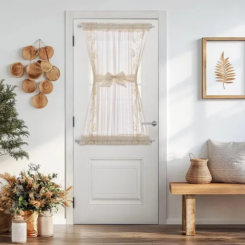 Miniatura 24 de jinchan Cortina de puerta francesa semitransparente con lazos de amarre, cortina de privacidad de gasa bordada floral para puerta de patio, armario