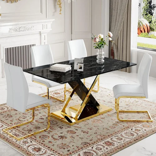 Miniatura 34 de Juego de mesa de comedor de mármol para mesa rectangular blanca de 4.63 pulgadas con marco de metal plateado en forma de X y 4 sillas de comedor