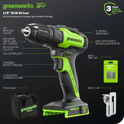 Miniatura 3 de Greenworks Kit de taladro inalámbrico sin escobillas de 24 V, 310 pulgadas/libras, embrague de 18+1 posición, portabrocas sin llave de 1/2 pulgada