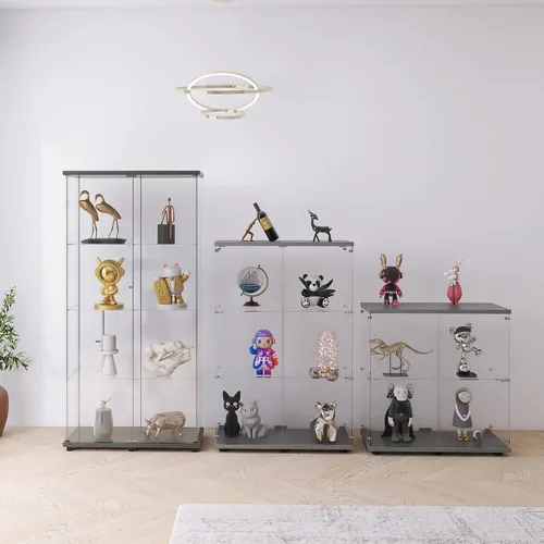 Miniatura 6 de Vitrina de cristal con 3 estantes con 2 puertas, vitrina de cristal transparente para sala de estar, dormitorio, 49.49 x 31.77 x 14.37 pulgadas