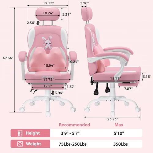 Miniatura 2 de HOFFREE Silla de juegos para computadora para niñas con lindo conejo, almohada lumbar de masaje, silla de oficina rosa para escritorio