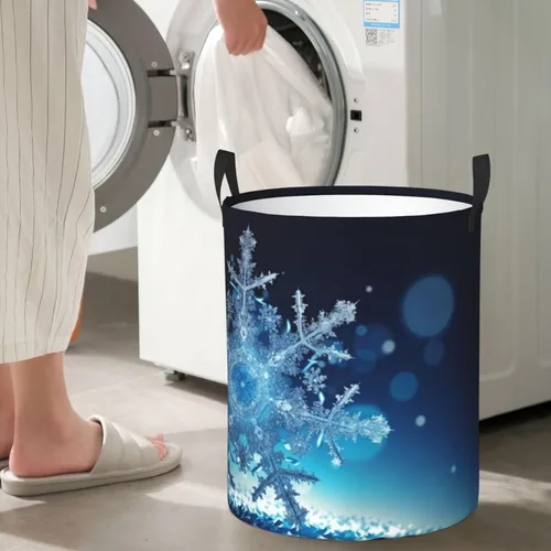 Miniatura 7 de Blue christmas snowflake print Circular Hamper Waterproof Storage Bin Organizer Basket Laundry Hamper With Handles For Clothes Toys Small