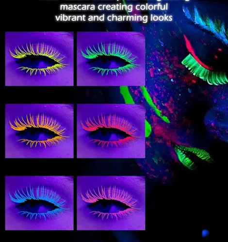 Miniatura 3 de Máscara de pestañas neón de 6 colores, luz negra, impermeable, resistente a las manchas, para uso diario y Halloween, Navidad (juego 01)