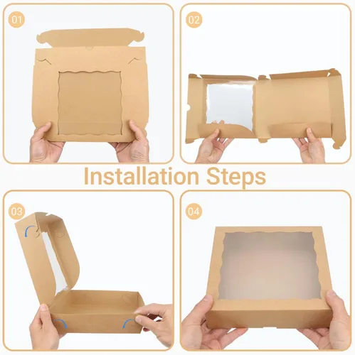 Miniatura 5 de TEMLQPACK 6 piezas cajas de panadería marrones de 10 x 10 x 2.5 pulgadas con ventana, tartas, galletas, fresas cubiertas de chocolate, corazón