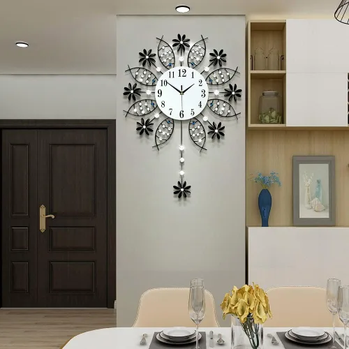 Miniatura 9 de Reloj de pared grande y moderno para decoración de sala de estar, reloj de pared de cristal decorativo de 24 pulgadas estilo pavo real, operado